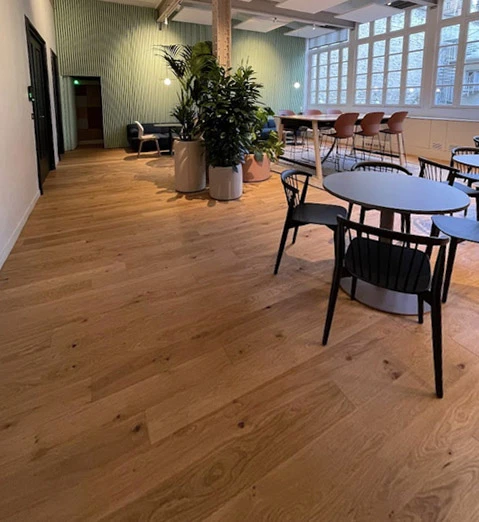 Intérieur moderne avec grande baie vitrée donnant sur rue, rangée de cylindres noirs le long des fenêtres, espace ouvert lumineux avec éclairage naturel